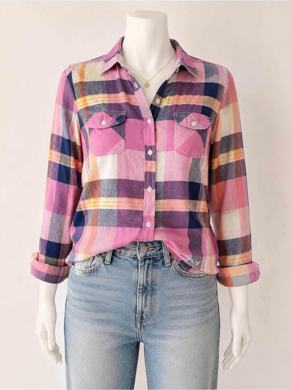American Eagle Plaid Button Down Shirt Women XL Pink Purple Preppy